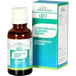 A bottle of homeopathic liver and gall bladder drops along with its packaging, showcasing product details and branding.