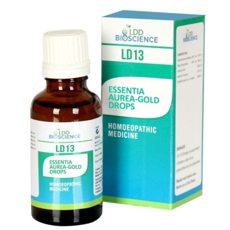 Bottle of LD13 homeopathic drops accompanied by a box labeled 'LDD Bioscience' and indicating its use.