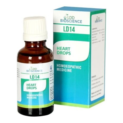 A bottle of homeopathic heart drops with a green and blue labeled box, showcasing the product's name and purpose.