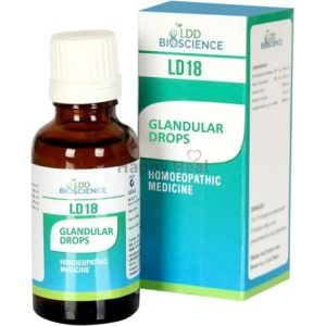 A bottle of LDD Bioscience LD18 Glandular Drops with a blue and white box labeled as homeopathic medicine.