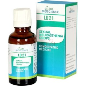 A bottle of LD 21 sexual neurasthenia drops with its packaging, emphasizing its homeopathic formulation.