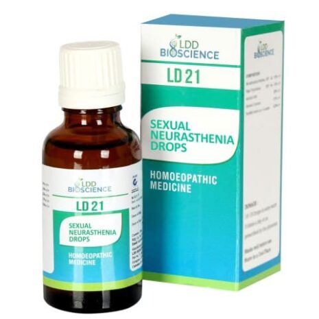 A bottle of LD 21 sexual neurasthenia drops with its packaging, emphasizing its homeopathic formulation.