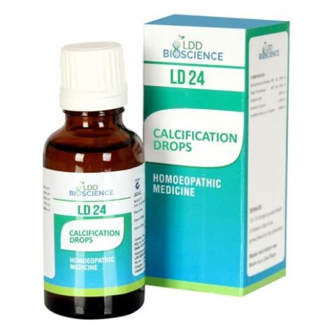 A brown glass bottle of LD 24 Calcification Drops with a white cap, alongside its blue and white packaging, labeled as a homeopathic medicine.