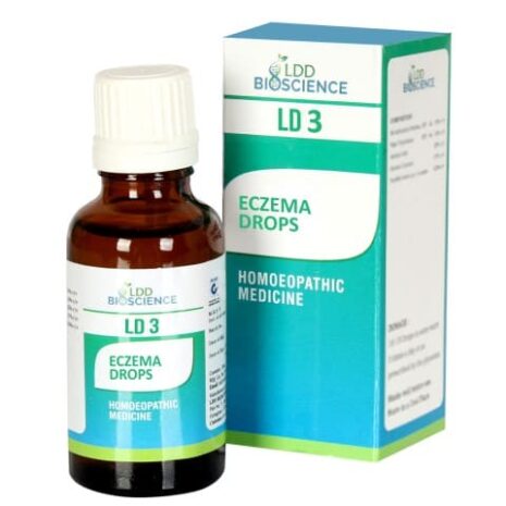 Homeopathic medicine bottle and box for eczema treatment, labeled LD 3 with clear instructions.