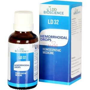 Bottle of LD 32 Homeopathic Hemorrhoidal Drops next to its blue and white box packaging.