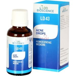 A bottle of homeopathic acne treatment next to its blue and white packaging.