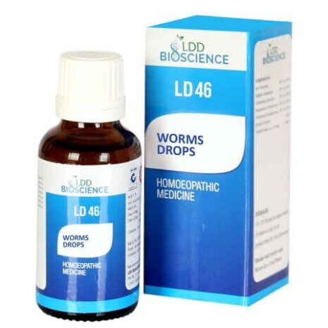 A bottle of LD 46 Worms Drops by LDD Bioscience alongside its blue and white packaging, labeled as homeopathic medicine.