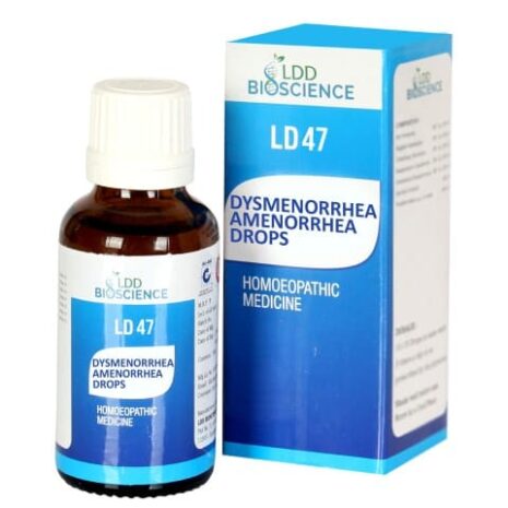 A bottle of LDD Bioscience LD47 Dysmenorrhea Amenorrhea Drops alongside its packaging, showcasing the product designed for homeopathic treatment.