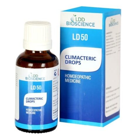 Homeopathic medicine package showing a dropper bottle and box for LD 50 Climacteric Drops.