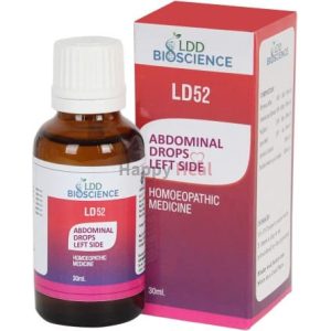 30ml bottle of LDD Bioscience LD52 homeopathic medicine for abdominal discomfort on the left side.
