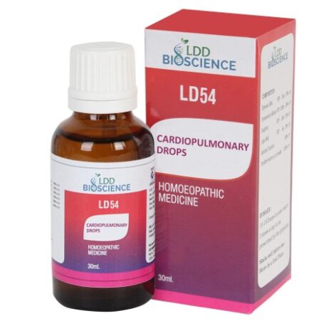 A bottle of LD54 Cardiopulmonary Drops with its packaging, displaying product information and homeopathic labeling.