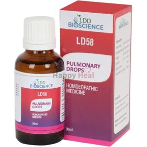 A 30ml bottle of LDD Bioscience LD58 Pulmonary Drops, packaged with a labeled box featuring information on the homeopathic medicine.