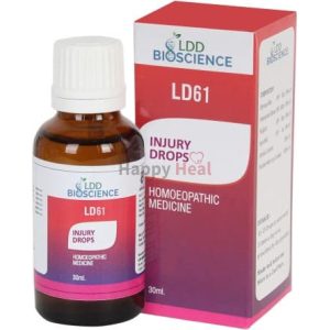 A 30ml bottle of LD61 homeopathic injury drops with a pink and white box, labeled as a remedy for injuries.