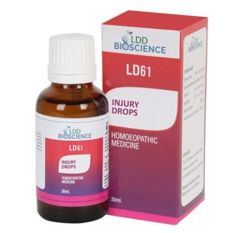 A 30ml bottle of LD61 homeopathic injury drops with a pink and white box, labeled as a remedy for injuries.
