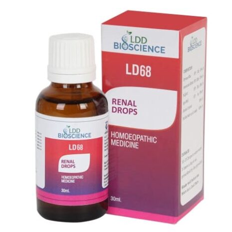 A 30ml bottle of LD68 Renal Drops alongside its matching box, labeled as homeopathic medicine for renal health.
