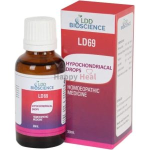 30ml bottle of LD69 homeopathic medication alongside its packaging, labeled as hypochondriacal drops by LDD Bioscience.