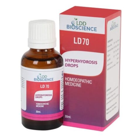30ml bottle of LDD Bioscience LD70 Hyperhidrosis Drops next to its packaging, designed for treating excessive sweating.