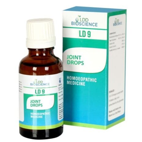 A brown glass bottle of LD 9 Joint Drops alongside its blue and white packaging, promoting homoeopathic treatment for joint pain.