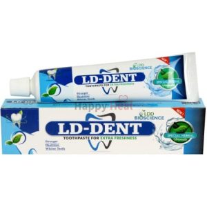 LD-DENT toothpaste packaging featuring a tube and box, promoting stronger, healthier, whiter teeth with a special herbal formula.