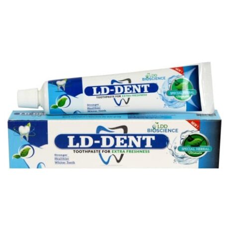 LD-DENT toothpaste packaging featuring a tube and box, promoting stronger, healthier, whiter teeth with a special herbal formula.