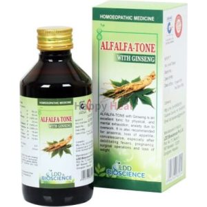 Bottle of Alfalfa-Tone with Ginseng next to its packaging, featuring green and white design with herbal imagery.