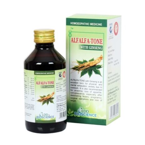 Bottle of Alfalfa-Tone with Ginseng next to its packaging, featuring green and white design with herbal imagery.