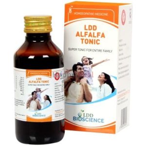 Bottle of LDD Alfalfa Tonic beside its packaging, promoting health benefits for families.