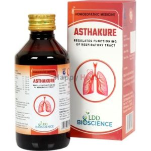 Bottle of Asthakure homeopathic medicine alongside its packaging, designed to support respiratory function.