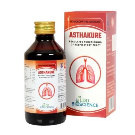 Bottle of Asthakure homeopathic medicine alongside its packaging, designed to support respiratory function.