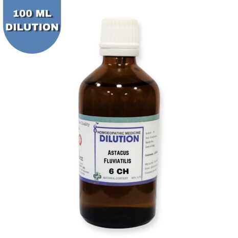 A 100 ml bottle of homeopathic dilution labeled as Astacus Fluviatilis 6 CH, featuring an amber-colored glass bottle with a white cap and a clear label detailing the product's alcohol content and usage instructions.