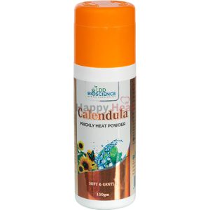 A bottle of Calendula Prickly Heat Powder by LDD Bioscience, featuring an orange cap and floral design, intended for soothing skin irritation.