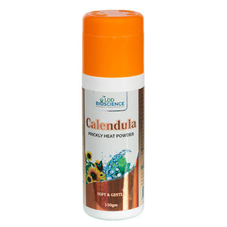 A bottle of Calendula Prickly Heat Powder by LDD Bioscience, featuring an orange cap and floral design, intended for soothing skin irritation.