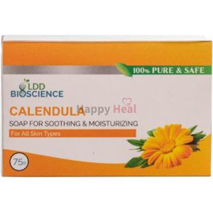 A box of LDD Bioscience Calendula soap designed for soothing and moisturizing, suitable for all skin types, weighing 75g.