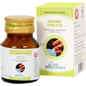A bottle of Dibonip homeopathic tablets alongside its packaging, promoting blood sugar level regulation.