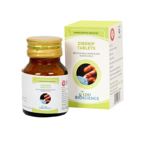 A bottle of Dibonip homeopathic tablets alongside its packaging, promoting blood sugar level regulation.