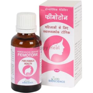 A bottle of Femtone, a homeopathic medicine for female health, accompanied by its pink and white packaging describing its uses.