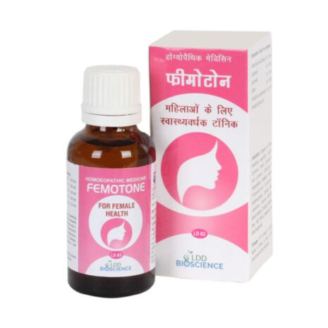 A bottle of Femtone, a homeopathic medicine for female health, accompanied by its pink and white packaging describing its uses.