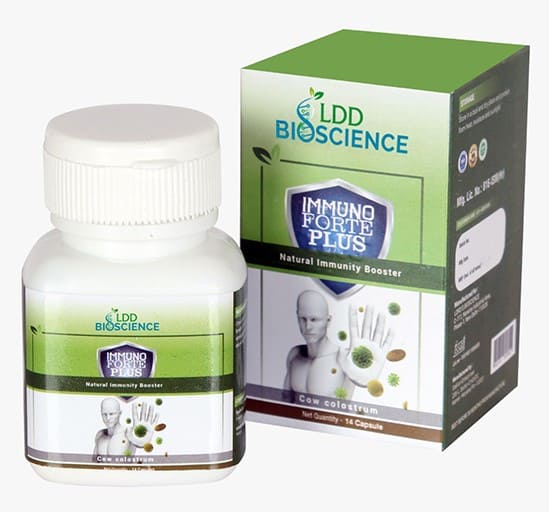 A bottle of Immuno Forte Plus by LDD Bioscience alongside its packaging, featuring a sleek design and highlighting its cow colostrum content.