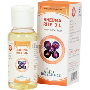 A bottle of Rheuma Rite Oil with accompanying packaging, labeled as a homeopathic remedy for pain relief, from LDD Bioscience.