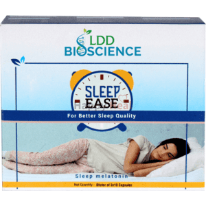 Box packaging for LDD Bioscience's Sleep Ease, promoting better sleep quality with an image of a woman sleeping peacefully.