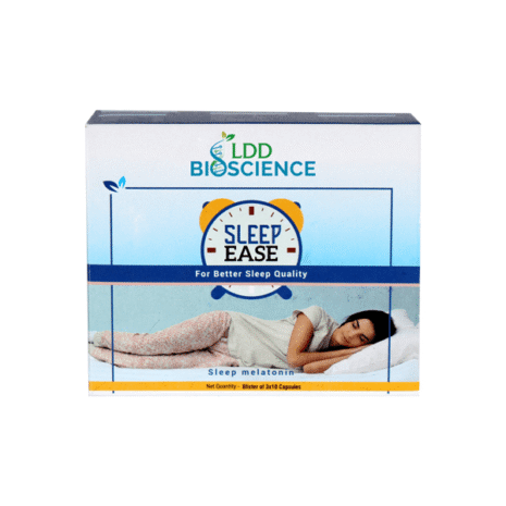 Box packaging for LDD Bioscience's Sleep Ease, promoting better sleep quality with an image of a woman sleeping peacefully.
