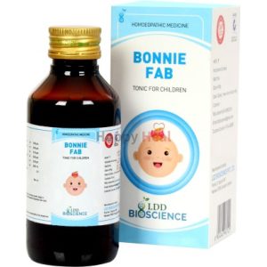 Bottle of Bonnie Fab homeopathic medicine for children, featuring a smiling baby graphic on the label and packaging with blue accents.