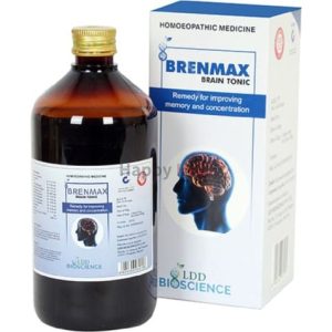 Amber bottle of Brenmax Brain Tonic next to its packaging, labeled for enhancing memory and concentration.