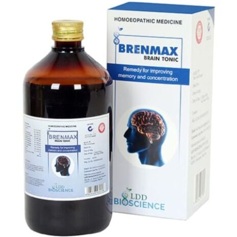 Amber bottle of Brenmax Brain Tonic next to its packaging, labeled for enhancing memory and concentration.