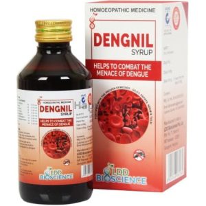 Bottle of Dengnil syrup and box packaging, labeled as homeopathic medicine to help combat the menace of dengue.