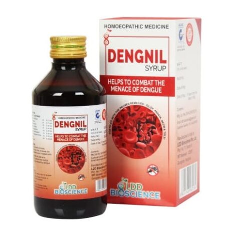 Bottle of Dengnil syrup and box packaging, labeled as homeopathic medicine to help combat the menace of dengue.