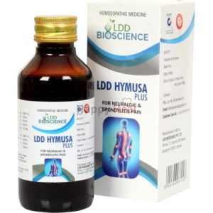 Bottle of LDD Hymusa Plus homeopathic medicine with packaging designed for treating neuralgic and spondylitis pain.