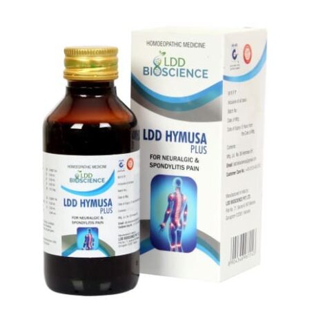 Bottle of LDD Hymusa Plus homeopathic medicine with packaging designed for treating neuralgic and spondylitis pain.