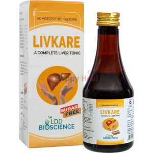 Livkare Liver Tonic:::A bottle of Livkare, a sugar-free homeopathic liver tonic, displayed next to its packaging, highlighting its health benefits and ingredients.