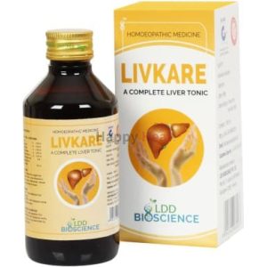 Bottle of LIVKARE with packaging, promoting liver health and wellness.